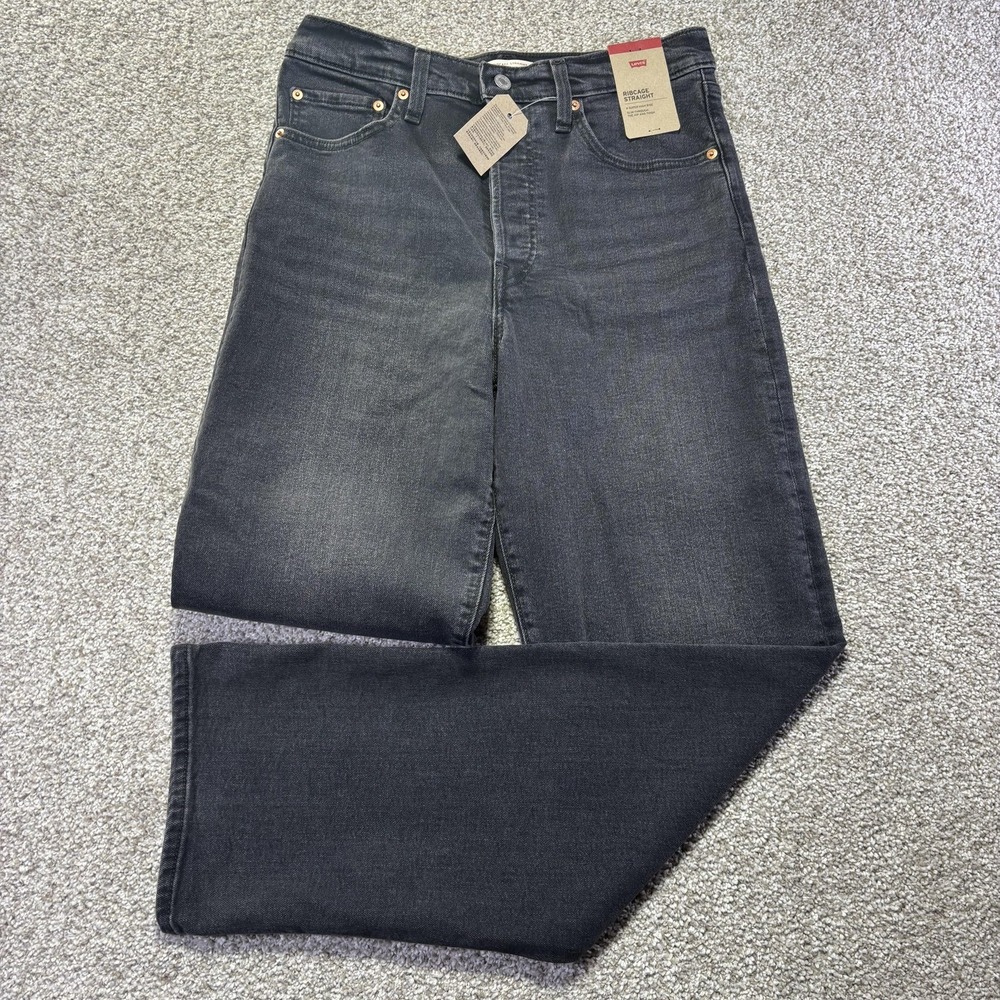 Levis Ribcage High Rise Straight Jeans Womens 31 W31 L32 Gray Charcoal Denim